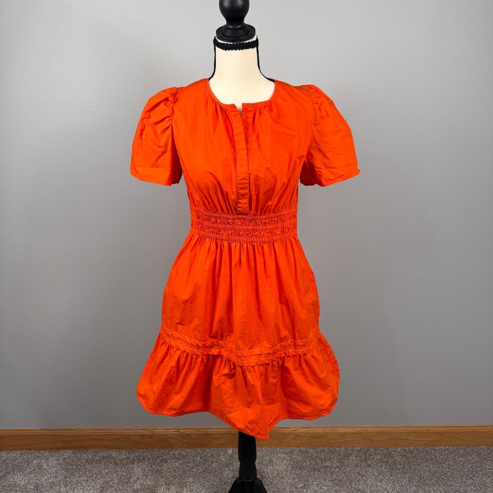 Quince Tiered Mini Dress Womens Small Vermilion Red Organic Cotton Puff Sleeve